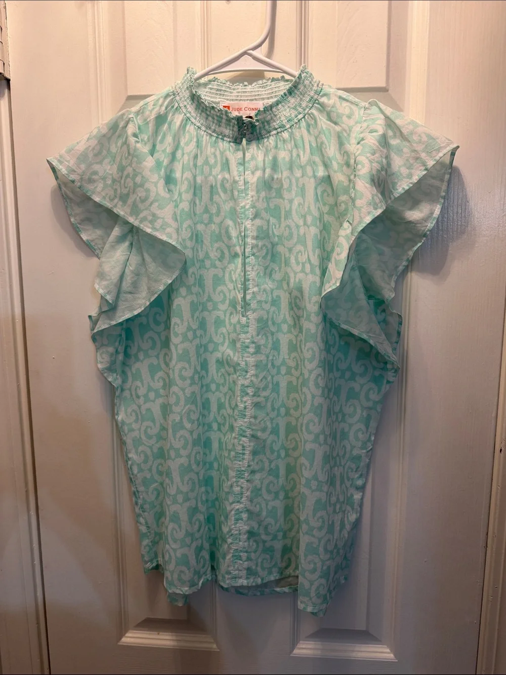 Jude Connally Aqua and White Printed Smocked Neck Blouse - Picture 3 of 4